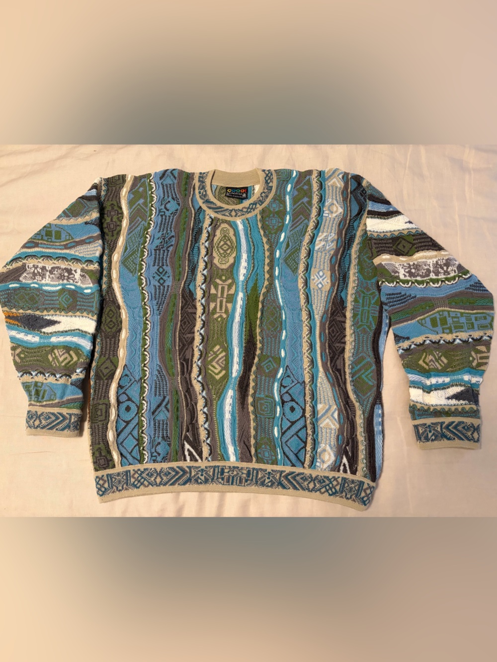 VTG 90s Coogi Australia 100% Pure Wool 3D Knit Sweater Men’s XL Blue Green